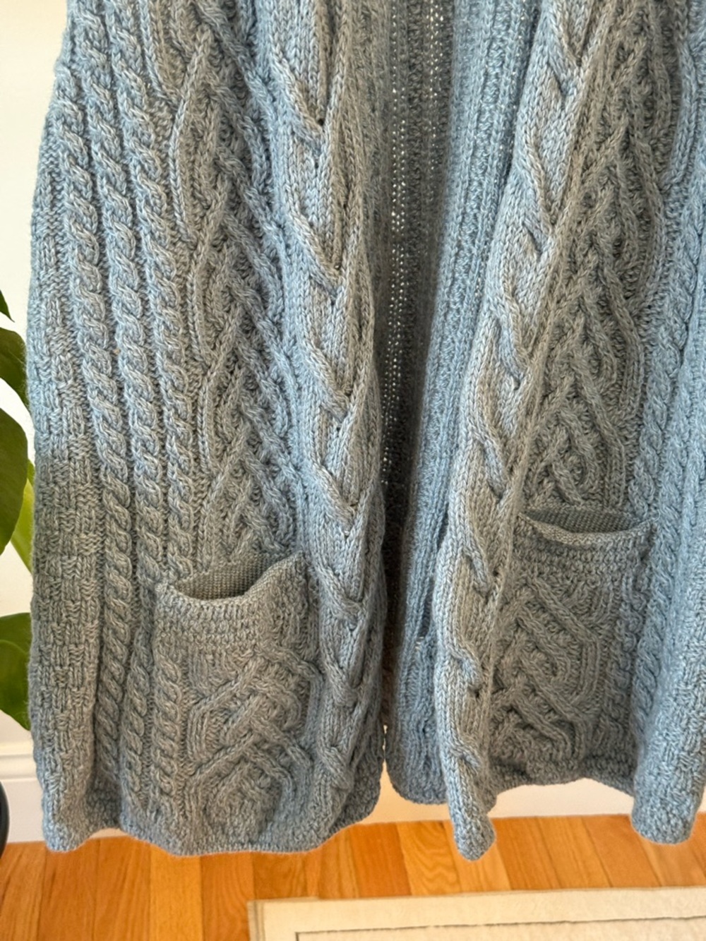 Aran Woolen Mills Open-Front Cable Knit Vest Cardigan in Dusty Teal - Picture 3 of 6
